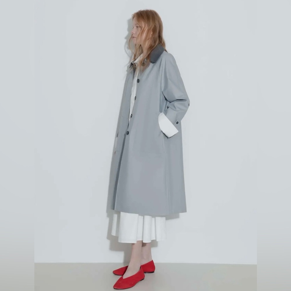 Light Gray Trench Coat with Dark Collar - Women's Classic Trench